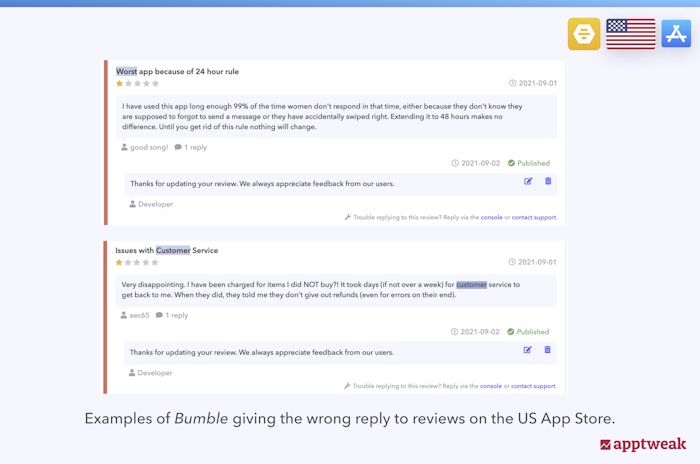 Bumble giving the wrong reply to a user's review